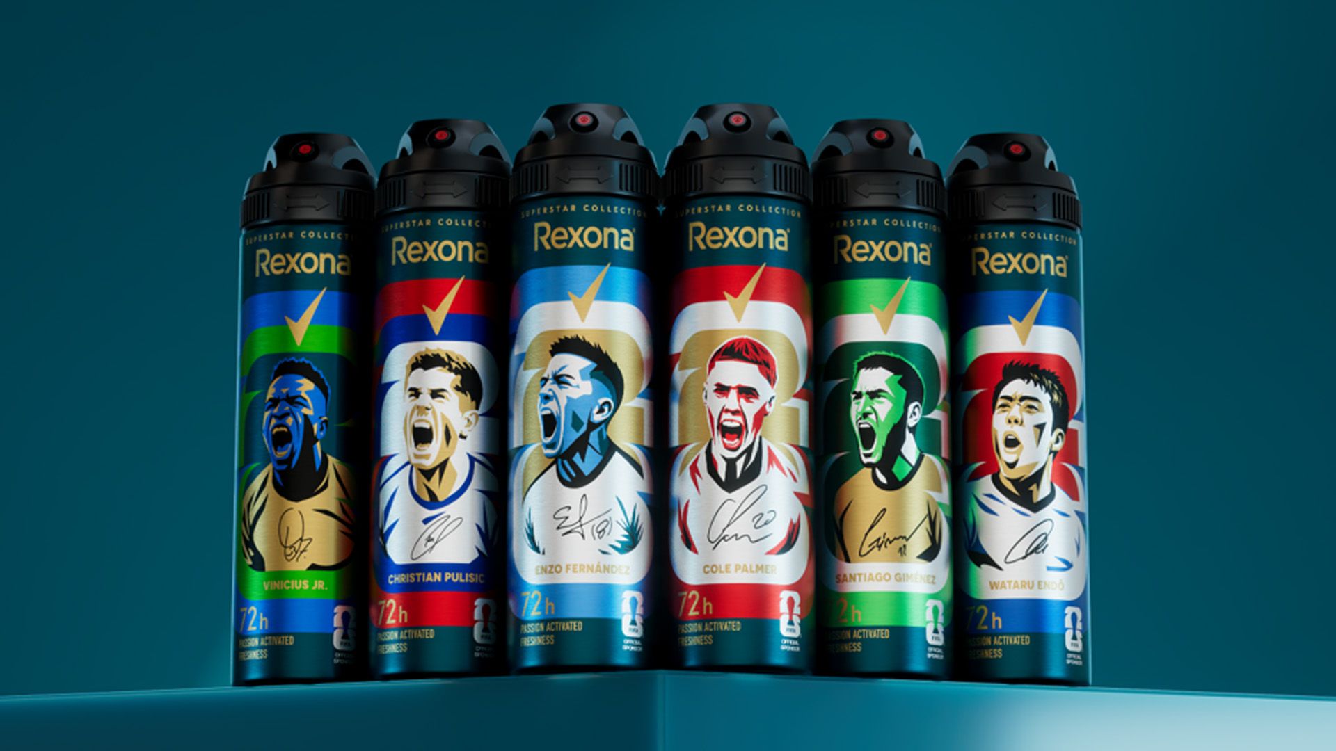 Line up of Rexona 72-hour deodorant sprays. Rexona is the official deodorant sponsor of the FIFA World Cup 2026.