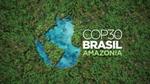 An aerial shot of rainforest, manipulated so a lake flows into the shape of Brazil, beside the words COP30 Brasil Amazonia
