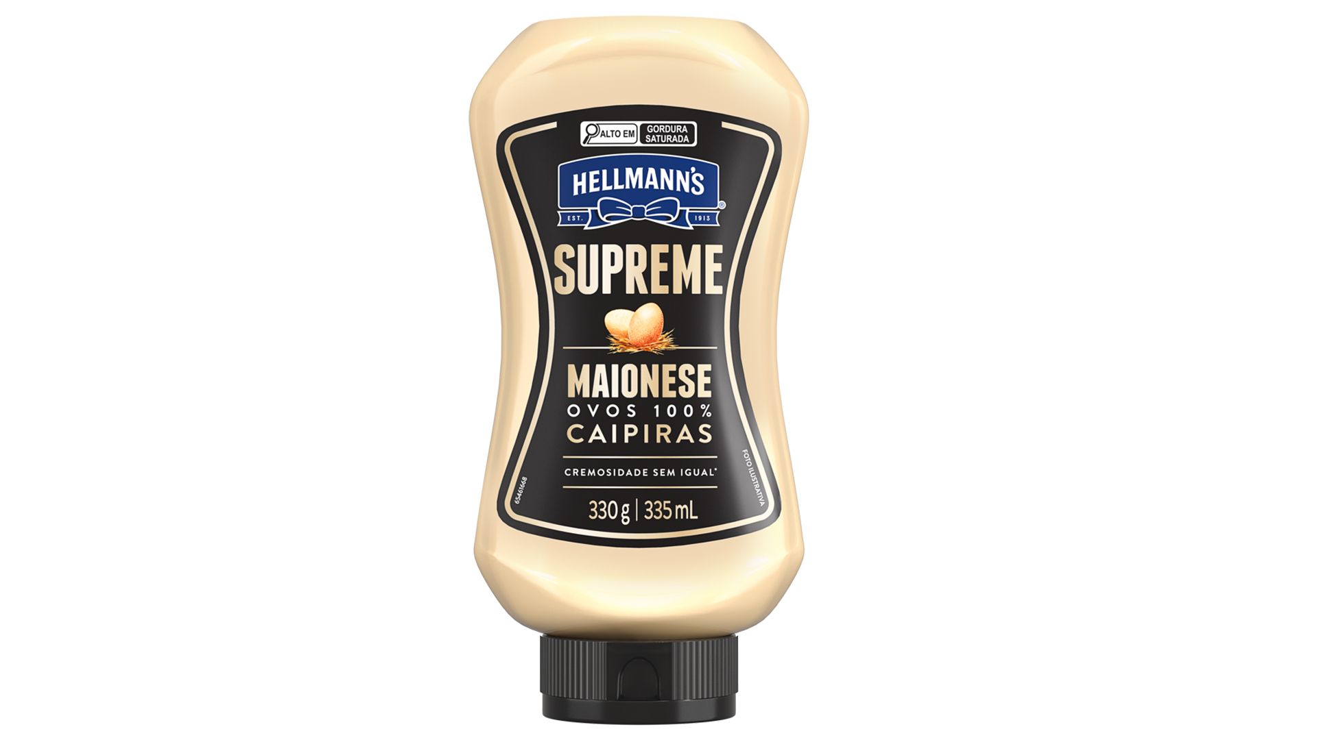 Bottle of Hellmann's Supreme Maionese (mayonnaise), in a black and cream squeeze bottle, 330g/335mL