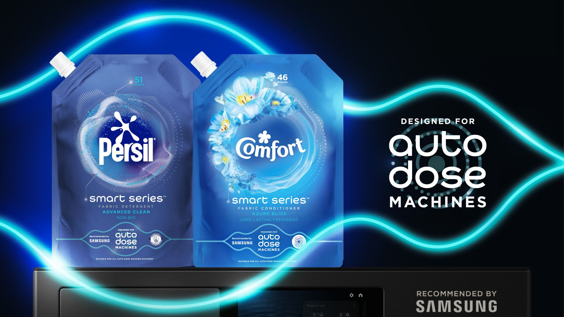 Persil Smart Series and Comfort Smart Series detergent packs designed for auto-dose washing machines.