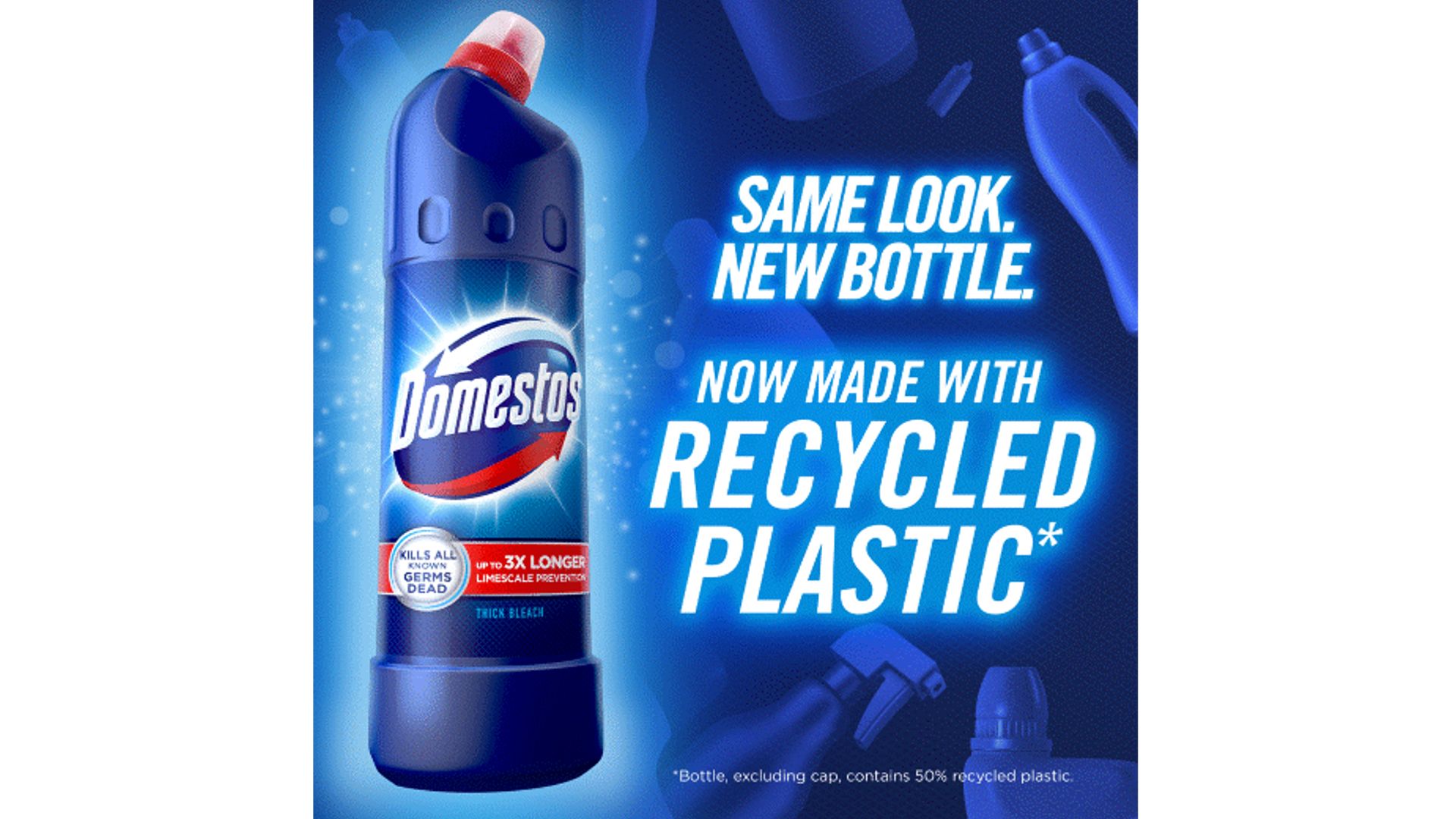 Blue Domestos bottle with ‘Now made from recycled plastic’ logo