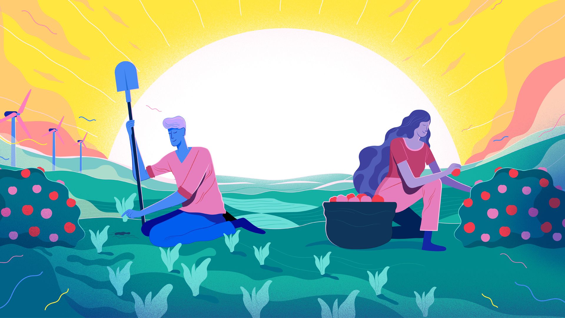 An illustration of two farmers in the field with wind turbines and the sun behind them.