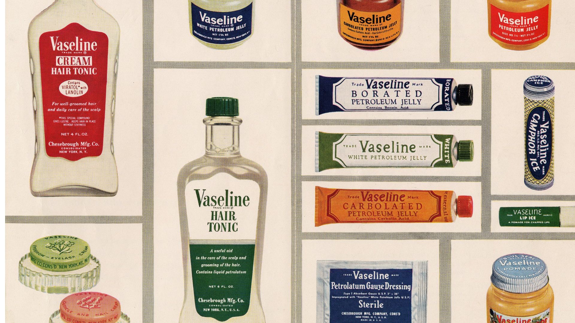 An array of Vaseline products from the 1950s