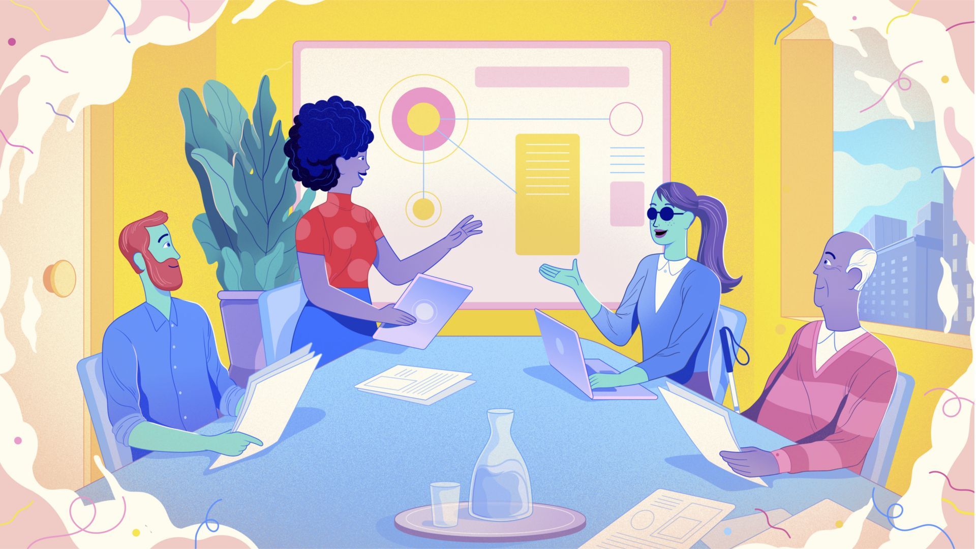 An illustration of people having a meeting