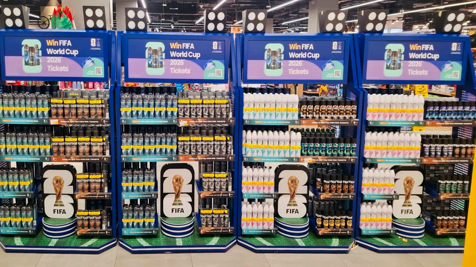Unilever Personal Care in-store display for the FIFA World Cup 2026™ showing Rexona, Dove and Axe products.