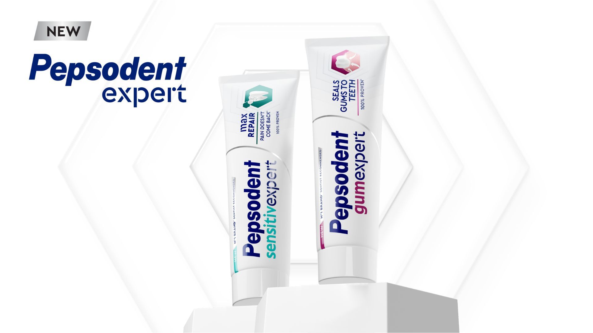 Two tubes of Pepsodent toothpaste displayed upright on white podiums. The left tube is labelled 'Pepsodent Sensitive Expert' and the right tube is labelled 'Pepsodent Gum Expert'. The background features a subtle geometric pattern in white.