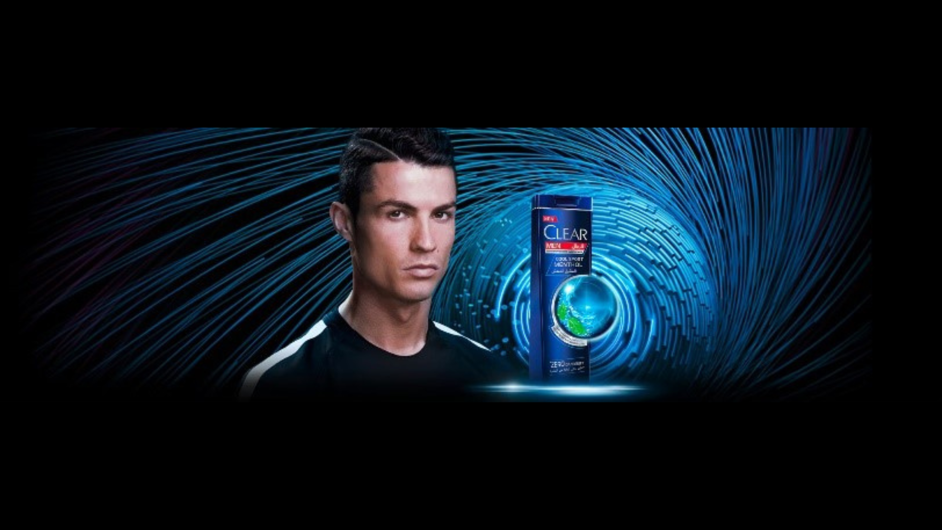 Christiano Ronaldo and a Clear bottle shampoo at the side