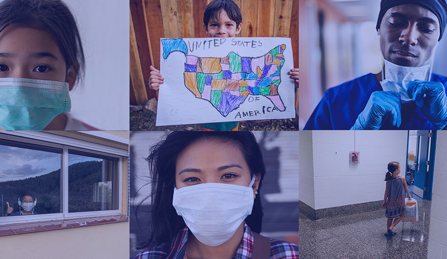 A collage of images featuring people wearing face masks and supporting communities affected by Covid-19
