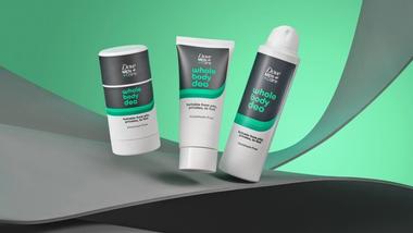 Three packs of Dove Men+Care whole-body deodorants: one stick, one spray and one cream. Packaging is white, grey and green.